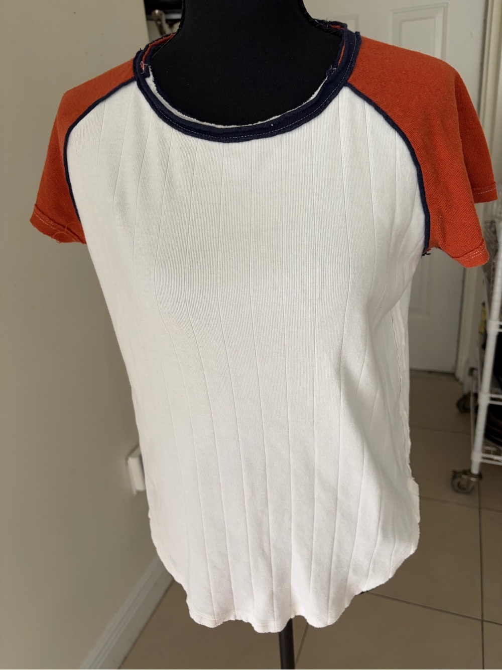 Free People White Ribbed Tee with Rust Raglan Sleeves and Navy Trim